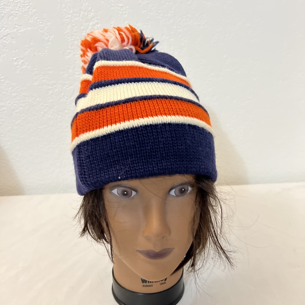 Vintage‎ Smiley Beanie Cap Adult Blue Orange Pom Wool Ski 80s Hat Bears Nevada